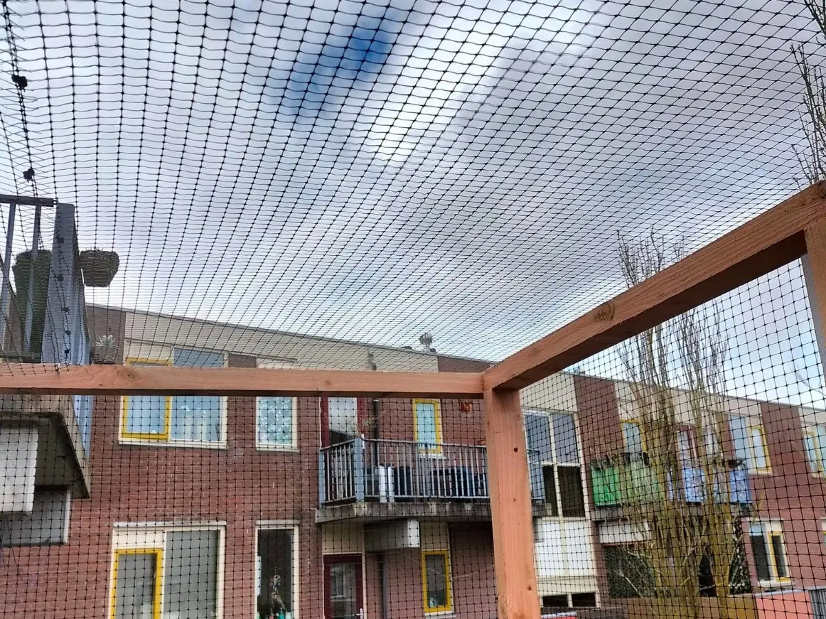 Kattennet over binnentuin, gezien vanaf het balkon