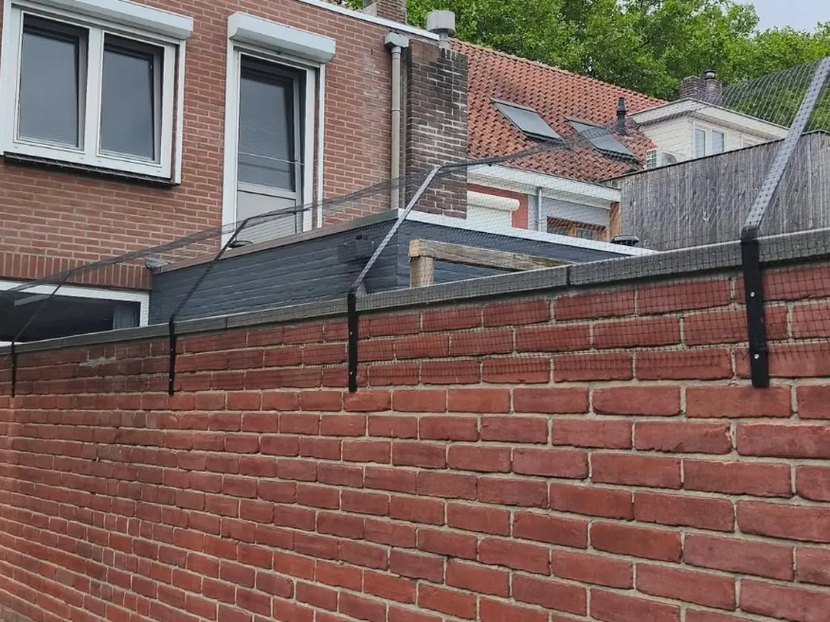 Kattennet met beugels bevestigd op gemetselde tuinmuur