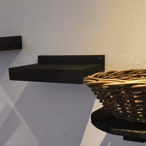 Kattenklimwand zwart gebeitst douglashout met trapje, ligplanken en ligplank met mand