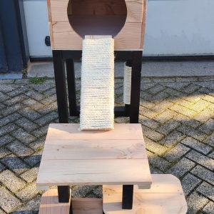 Kattenmeubel Chanty van douglashout met ronde ingang, krabplank en trapjes